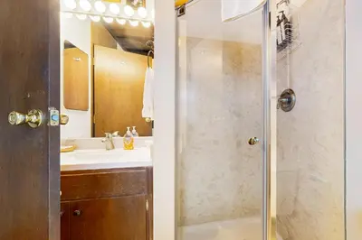 a bathroom with a shower and a sink at Squaw Valley Views Condo #15 in Olympic Valley