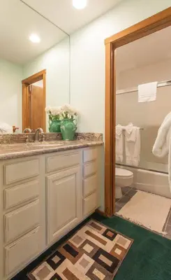 a bathroom with a sink and a toilet and a mirror at Snowcreek # 320 - Phase II in Mammoth Lakes