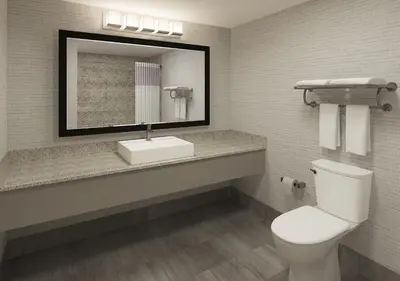 a bathroom with a toilet and a sink and a mirror at Circus Circus Reno, A Caesars Destination in Reno