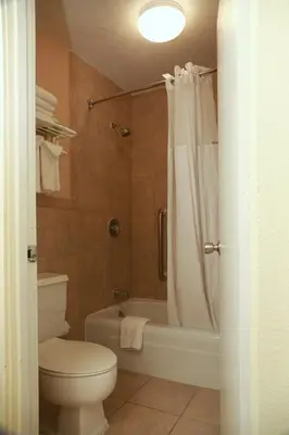 a bathroom with a toilet and a tub and a shower at Ramada by Wyndham Fresno North in Fresno