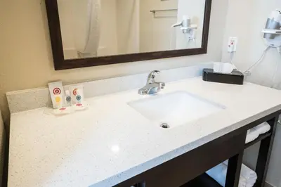 a bathroom counter with a sink and a mirror at Comfort Suites Fresno River Park in Fresno
