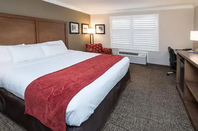 a hotel room with a large bed and a desk at Comfort Suites Fresno River Park in Fresno