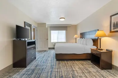 a hotel room with a bed and a flat screen tv at Best Western Visalia Hotel in Visalia
