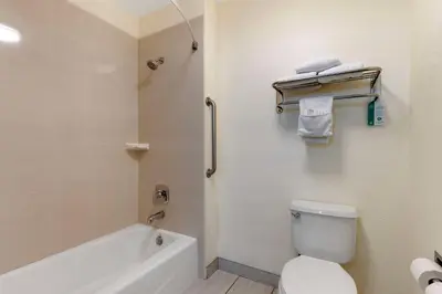 a bathroom with a white toilet and a bath tub at Best Western Visalia Hotel in Visalia