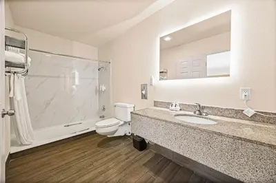 a bathroom with a sink and a toilet and a mirror at Heritage Inn Express Roseville in Roseville