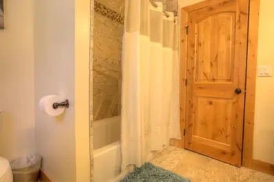 a bathroom with a shower and a wooden door at Prestigious Home South Lake Tahoe in South Lake Tahoe