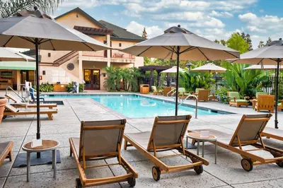 a group of chairs and umbrellas next to a pool at Appellation Lodi - Wine & Roses Resort and Spa in Lodi
