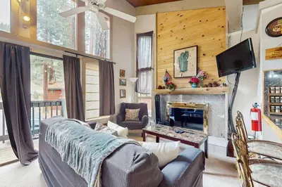 a living room with a couch and a fireplace at Saddle Road Condo in Bijou Park