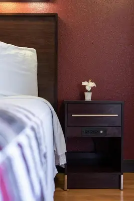 a bedroom with a bed and a nightstand with a plant at California Inn and Suites, Rancho Cordova in Rancho Cordova