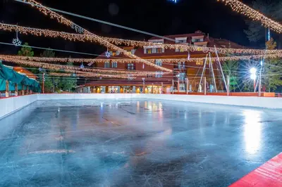 an ice skating rink at night with christmas lights at Marriott Grand Residence Club, Lake Tahoe in South Lake Tahoe