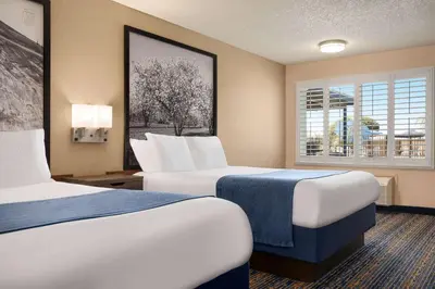 a hotel room with two beds and a window at Super 8 by Wyndham Lindsay Olive Tree in Lindsay