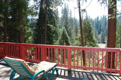 a bench on a deck with a view of a forest at 3N Lockwood Lodge in Wawona
