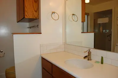 a bathroom with a sink and a mirror at 43A Mountain Retreat in Wawona