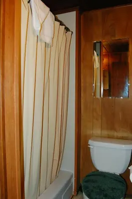 a bathroom with a toilet and a shower curtain at 18 Le Fawn in North Wawona