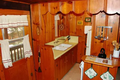 a kitchen with wooden walls and a sink and a window at 18 Le Fawn in North Wawona