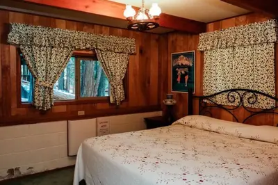 a bedroom with a bed and two windows at 19B Yosemite Retreat in the Meadows in Wawona