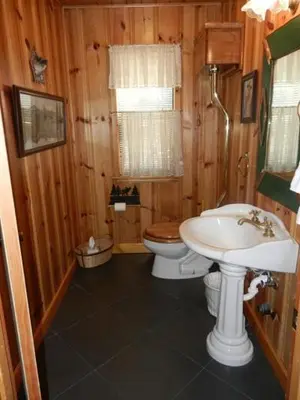 a wooden bathroom with a toilet and a sink at 93R Deer Lodge in North Wawona