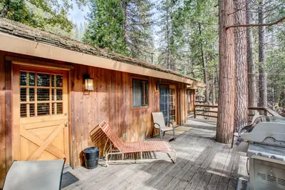 a cabin in the woods with a deck and chairs at 17B Tylers Timber Lodge in Wawona