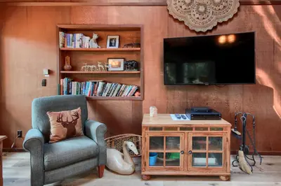 a living room with a chair and a tv at 18B Hiltbrand Hangout in Wawona