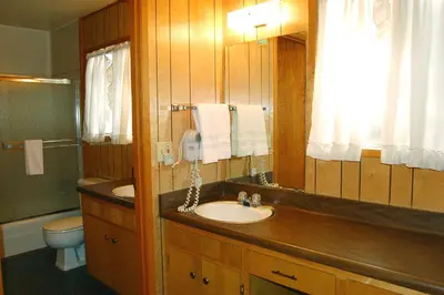 a bathroom with a sink and a toilet and a mirror at 84 Hastings Hideaway in Wawona