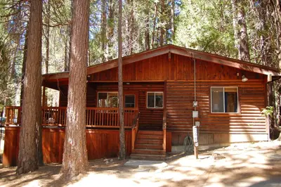 a log cabin in the middle of trees at 82 Shehadey's Retreat in North Wawona