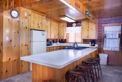 a kitchen with wooden walls and a white counter top at 55 Deer Creek in Wawona