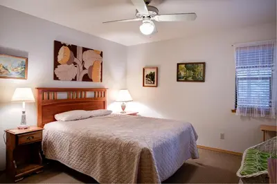 a bedroom with a bed and a ceiling fan at 1S Cecils Cabin in South Wawona