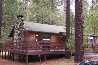 a log cabin in the woods with a tree at 73 Walk-A-Bout in Wawona