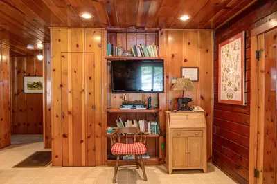 a room with wooden walls and a tv and a chair at 59 Hansen Cabin in North Wawona