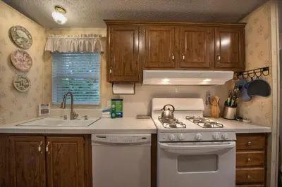 a kitchen with a white stove and a sink at 42R Rosenberg's Creekside Cabin in Wawona
