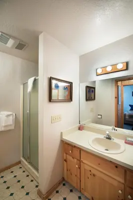 a bathroom with a sink and a shower at 24 Wawona Cabin in Wawona