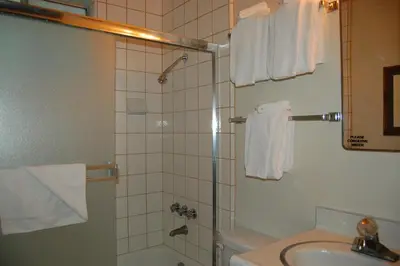 a bathroom with a shower and a sink at 18A Pohono Pines in Wawona