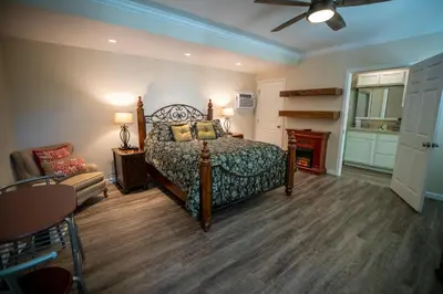 a bedroom with a bed and a chair and a fireplace at Cottage on Armstrong in Lodi