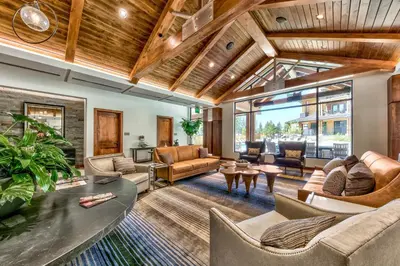 a living room filled with furniture and a wooden ceiling at Zalanta, A Vail Resorts Property in South Lake Tahoe
