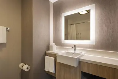 a bathroom with a sink and a mirror at SpringHill Suites by Marriott Turlock in Turlock