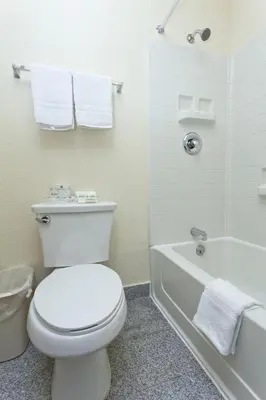 a bathroom with a toilet and a tub and a sink at National 9 Inn - Placerville in Placerville