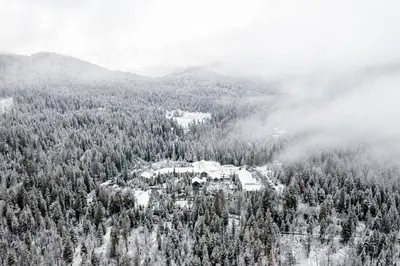 an aerial view of a ski resort in the snow at Tenaya at Yosemite in Fish Camp