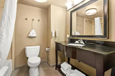 a bathroom with a toilet and a sink and a mirror at Hampton Inn and Suites Merced in Merced