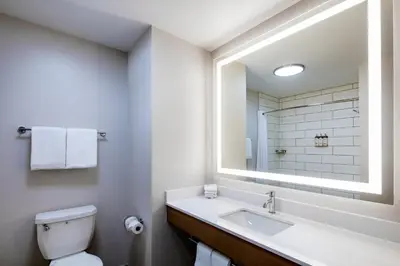 a bathroom with a toilet and a sink and a mirror at Holiday Inn Express Turlock by IHG in Turlock
