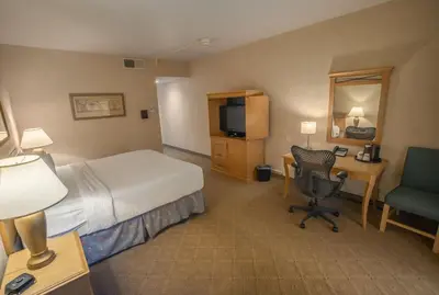 a hotel room with a bed and a desk and a television at Piccadilly Inn Airport in Fresno