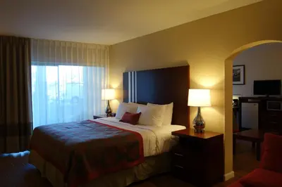 a hotel room with a bed and a window at Ramada by Wyndham Sacramento in Sacramento