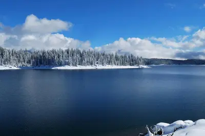 a view of a lake with snow covered trees at Alderhill in Shaver Lake