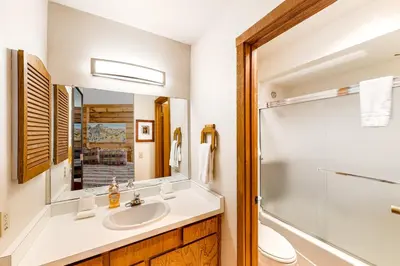 a bathroom with a sink and a shower at Huntington Lake Condo 92 in Lakeshore