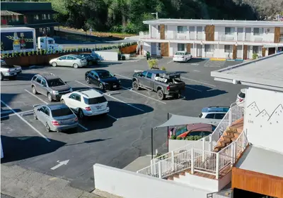 an aerial view of a parking lot with cars parked at Historic Sonora Inn in Sonora