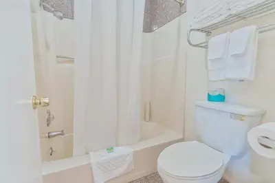 a white bathroom with a toilet and a shower at The Yosemite Inn in Mariposa