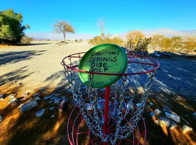 a frisbee golf basket with a frisbee at Panamint Springs Motel & Tents in Panamint Springs