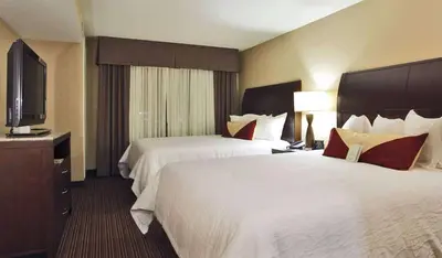 a hotel room with two beds and a flat screen tv at Hilton Garden Inn Clovis in Clovis