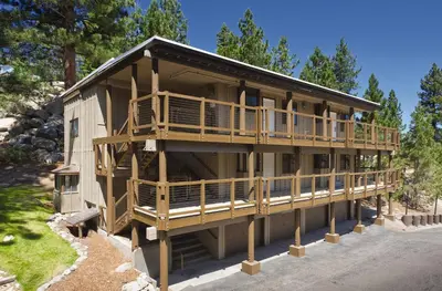 a large wooden house with a large deck at WorldMark Lake Tahoe in Stateline