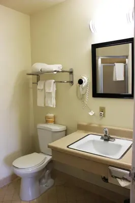 a bathroom with a toilet and a sink and a mirror at Rodeway Inn Near University-Gateway to Yosemite in Merced