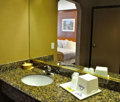 a bathroom with a sink and a mirror and a bed at Days Inn by Wyndham Bishop in Bishop